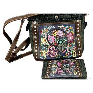 NWT Montana West Embroidered Sugar Skull Crossbody Bag & Wallet‎ Set